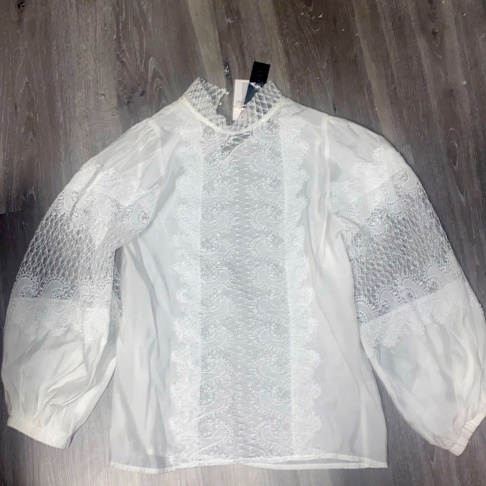 White Puff Long Sleeve Fancy Lace Blouse